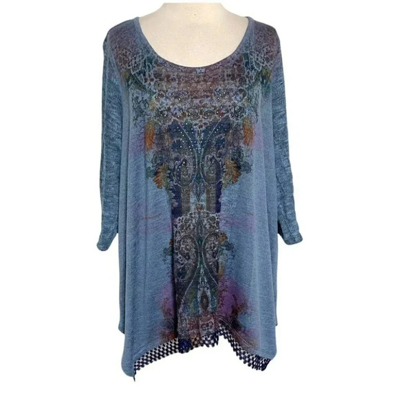 One World 2X blue boho asymmetrical knit 3/4 sleeve top Whimsigoth Hippie - Picture 1 of 5